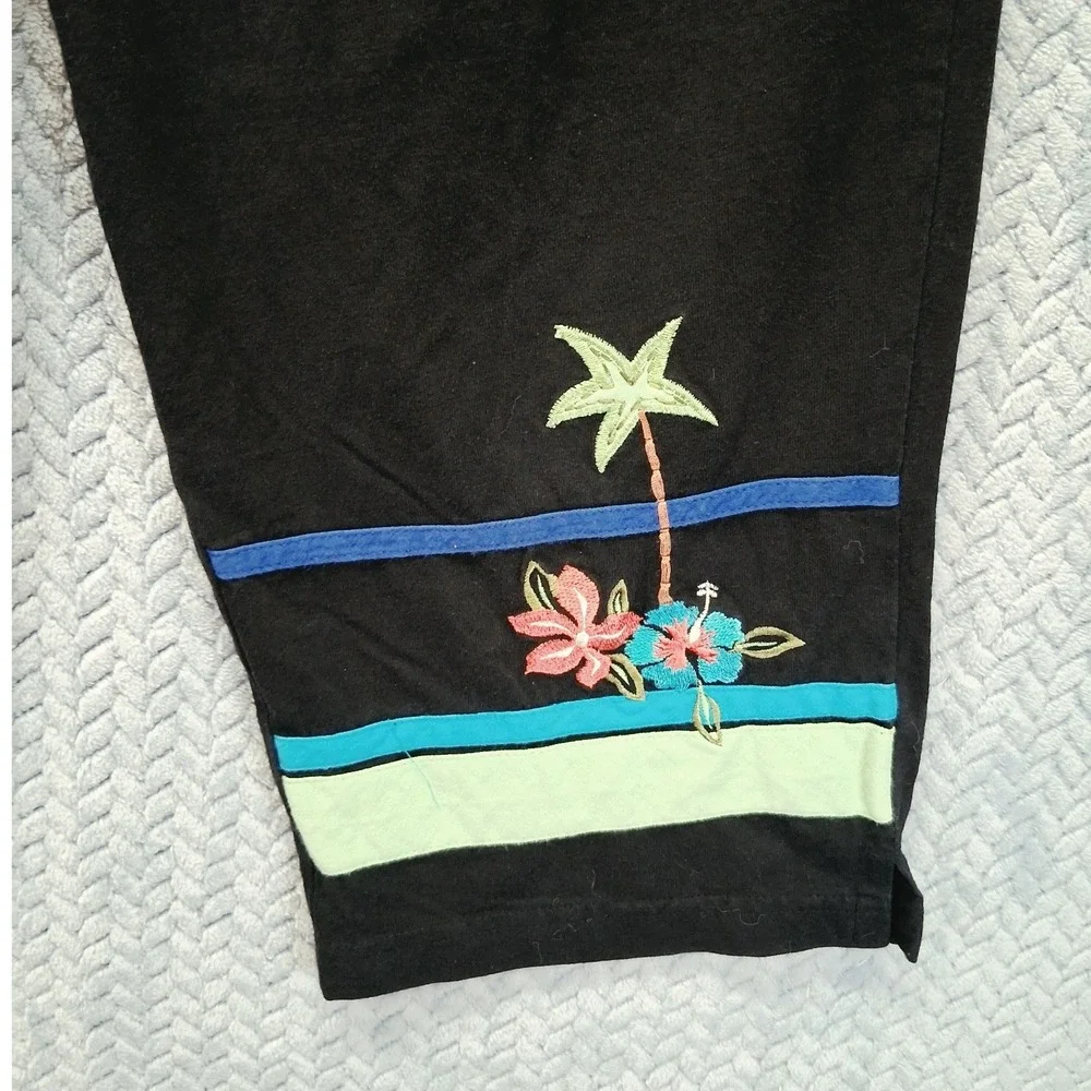 Fine Line Black Tropical Embroidered Cotton Top and Crop Pants Set Made in USA L